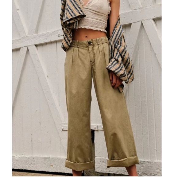 Free People Pants - Free People Marina Low Rise Pleated Cuffed Hem Wide Leg Washed Trouser Pants